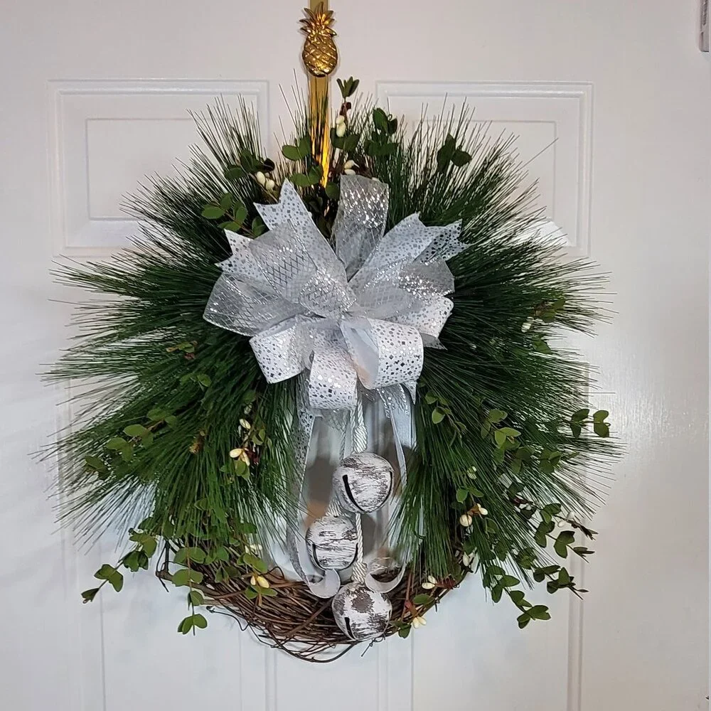White Bells, White Berries, Pine Wreath, Winter Holiday Wreath, Hand Crafted